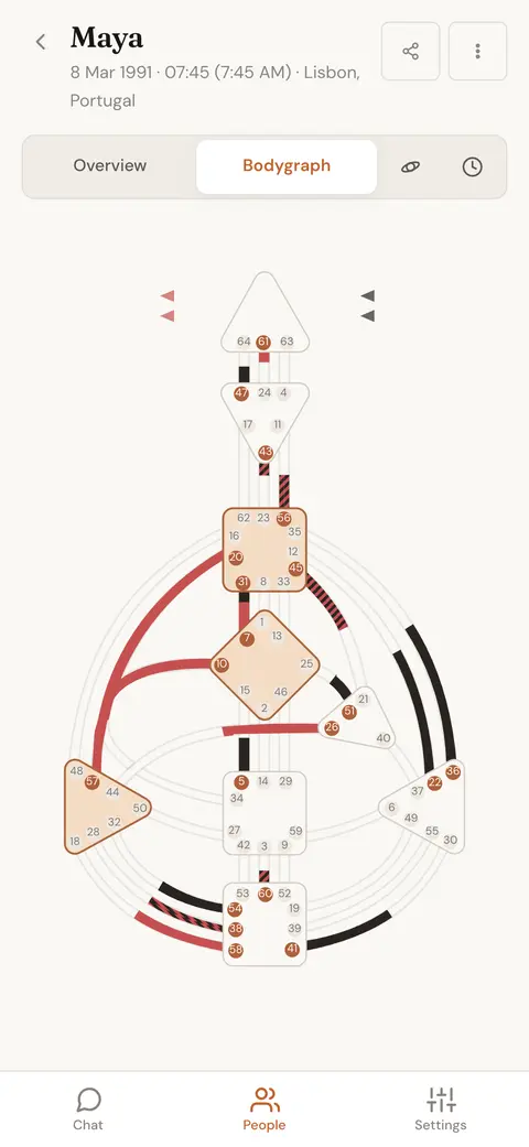 A Human Design bodygraph with its defined centers filled in and every channel drawn