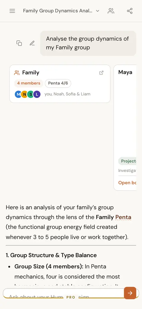 A person card and a group card inside an AI chat reply about a family group's dynamics