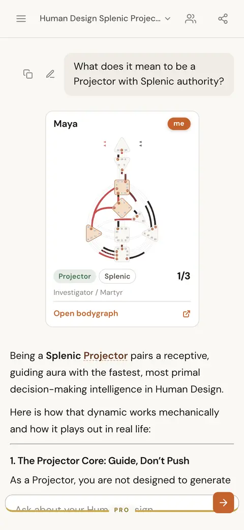 AI chat answering what it means to be a Projector with Splenic authority, with the person's chart card above the reply